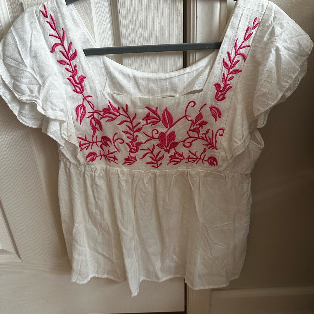 White and Pink Embroidered Women's Top